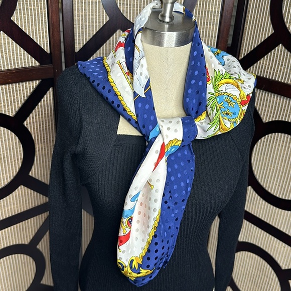 Magnificent Scarf 100% Silk Navy Blue Border and Cream/red/gold nautical print. - Picture 3 of 6